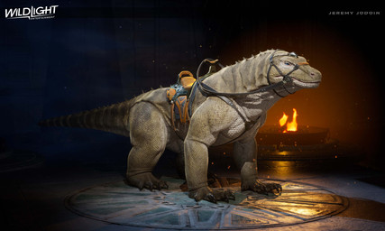 4_toes ambiguous_feral ambiguous_gender black_claws black_sclera blue_eyes brazier bridle brown_spines claws closed_frown company_name embers feet feral fire frown inside light long_tail mostly_nude_ambiguous mouth_closed quadruped reins saddle scales solo sprawling_gait tail tan_body tan_scales tan_tail text three-quarter_view toe_claws toes jeremy_jodoin highguard_(game) lizard reptile scalie 2026 3d_(artwork) 5:3 absurd_res artist_name colored digital_media_(artwork) english_description english_text hi_res lighting official_art shaded