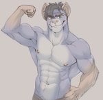 abs accessory anthro biceps clothed clothing flexing fur grey_body grey_fur hair headband looking_at_viewer male muscular muscular_anthro muscular_male nipple_piercing nipples pecs piercing smile solo topless underwear mtraon one-two mammal murid murine rat rodent