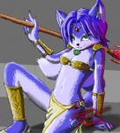 anthro blue_body blue_fur blue_hair bottomwear breasts clothed clothing female fur hair jewelry loincloth melee_weapon navel polearm skimpy small_breasts solo staff weapon white_body white_fur penmark nintendo star_fox krystal_(star_fox) canid canine fox mammal 2010