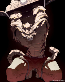 angry anthro arms_above_head barefoot bottomwear bound chain chained clothing cuff_(restraint) dungeon feet hands_behind_back kneeling leather leather_cuffs male muscular muscular_male muscular_sub muzzle_(object) plantigrade prison_uniform prisoner restrained restraints science_fiction shackles solo stocks submissive submissive_male wire_basket_muzzle 2kgjnbg arknights hypergryph studio_montagne mountain_(arknights) felid mammal pantherine tiger 4:5 absurd_res hi_res