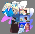 aged_down anthro antlers blonde_hair blue_antlers blue_eyes blue_lips blue_nose book bottomwear brown_bottomwear brown_clothing brown_hair brown_skirt clothing duo female fur gem hair holding_book holding_object horn jewelry lips long_skirt male necklace pearl_(gem) pearl_necklace red_body red_fur skirt slap standing text seirette deltarune undertale_(series) carol_holiday rudolph_holiday deer mammal english_text