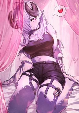 :3 anthro arm_tuft bed big_breasts biped black_clothing black_shirt black_tank_top black_topwear blush bottomwear breasts button_(fastener) chest_tuft choker clothed clothing coat curtains denim denim_bottomwear denim_clothing denim_shorts female female_anthro fur furniture hair hair_over_eye heart_symbol horn jewelry kemono lab_coat leg_tuft navel necklace on_bed open_clothing open_coat open_topwear pink_eyes pink_nose shirt shorts small_nose solo tank_top topwear tuft white_body white_fur white_hair hyeongang sani_yang's_laboratory sani_yang bovid caprine dall_sheep mammal sheep 2025 absurd_res hi_res