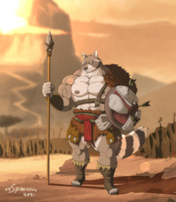 abs anthro arrow_(weapon) barbarian bottomwear clothing ear_piercing ear_ring footwear male melee_weapon muscular muscular_anthro muscular_male piercing polearm ranged_weapon ring_piercing shield solo spear text weapon xxsparcoxx mammal procyonid raccoon 2021 artist_name hi_res