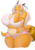 anthro big_breasts breasts clothed clothing female hair horn huge_breasts looking_at_viewer mature_anthro mature_female non-mammal_breasts red_horn slightly_chubby solo tail thick_thighs yellow_body harnny mythology aisyah_zaskia_harnny dragon mythological_creature mythological_scalie scalie animated digital_media_(artwork) hi_res webm