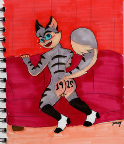 anthro balls bent_legs butt clothing footwear footwear_only furniture genitals male mostly_nude nude presenting presenting_hindquarters shoes shoes_only socks sofa solo tail bravadospice lackadaisy rocky_rickaby domestic_cat felid feline felis mammal tabby_cat hi_res