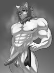 abs anthro ball_tuft balls clothing embarrassed erection genitals hair holding_object long_hair looking_at_object male mane muscular muscular_anthro muscular_male musk musk_clouds nipples pecs penis solo standing surprised_expression tuft underwear vein veiny_penis nescitop felid mammal absurd_res black_and_white hi_res monochrome