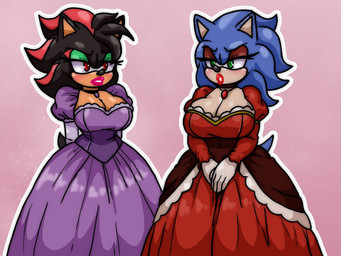 anthro big_breasts black_hair blue_hair blush breasts cleavage clothed clothed_anthro clothed_female clothing crossgender dress duo female gloves green_eyes hair handwear lipstick makeup mtf_crossgender multicolored_hair pink_lipstick purple_clothing purple_dress red_clothing red_dress red_eyes red_hair tail two_tone_hair broth_nsfw sega sonic_the_hedgehog_(series) shadow_the_hedgehog sonic_the_hedgehog eulipotyphlan hedgehog mammal 2025 4:3 hi_res