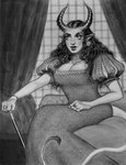 2_horns 5_fingers bed bedroom bent_arm black_curtains black_eyebrows black_hair bracelet breasts cane classy cleavage clothed clothed_female clothed_humanoid clothing digit_ring dress ear_piercing eyebrows eyelashes female female_humanoid finger_ring fingers fist furniture grey_body grey_bracelet grey_clothing grey_dress grey_skin grey_tail hair holding_cane horn humanoid_pointy_ears inside jewelry light long_hair medium_breasts not_furry on_bed piercing pointy_ears sitting sitting_on_bed solo tail window window_curtains bingoblin madam_nala_rayleigh demon demon_humanoid horned_humanoid humanoid tailed_humanoid digital_drawing_(artwork) digital_media_(artwork) english_description greyscale hi_res lighting monochrome shaded