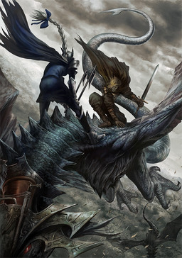 action_pose ambiguous_gender armor axe battle battle_axe bracers braided_hair cloak clothed clothing cloud detailed_background feral fight fighting_pose flying greaves group hair holding_object holding_weapon melee_weapon membrane_(anatomy) membranous_wings midair outside overcast pauldron pose red_eyes sky sword tail weapon wings のば european_mythology mythology dragon humanoid mythological_creature mythological_scalie scalie undead western_dragon wyvern detailed