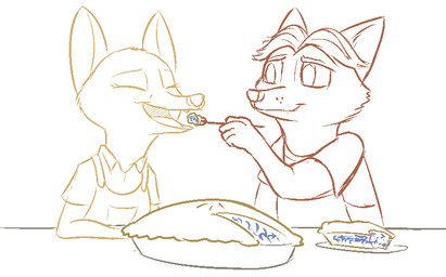 anthro clothed clothing cutlery dessert duo feeding female food fork kitchen_utensils male open_mouth open_smile pastry pie simple_background smile tools white_background tggeko disney zootopia gideon_grey skye_(zootopia) arctic_fox canid canine fox mammal red_fox true_fox 2017