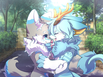 anthro big_eyes biped blue_body blue_eyes blue_fur cute_fangs duo eyes_closed fangs fur grey_body grey_fur kemono male slim_anthro slim_male teeth white_body white_fur hlg7777 mythology canid canine dragon eastern_dragon fox mammal mythological_creature mythological_scalie scalie 2020 4:3 hi_res