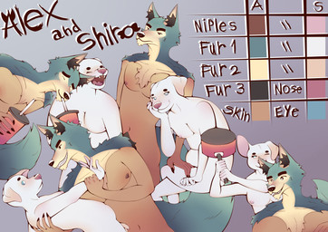 anthro arm_grab arm_tuft back_grab beverage big_nose black_eyebrows black_eyes black_nose black_pubes black_tuft blue_eyes blush brown_body brown_claws brown_nipples brown_skin butt casual_nudity censored_genitalia censored_penis cheek_tuft chest_tuft chin_tuft circle_eyebrows claws closed_hands container cup distracted drinking_straw drinking_straw_in_mouth duo elbow_blush exposed_teeth eye_contact eyebrows eyelashes eyes_closed face_blush facial_tuft for_a_head fur gradient_background gradient_fur gradient_skin green_body green_fur grey_background hand_on_face hand_on_legs hand_on_thighs happy head_tuft holding_beverage holding_container holding_cup holding_object holding_pan inner_ear_fluff looking_at_another looking_at_viewer male male/male mouth_closed multiple_poses navel nipples nipples_blush no_sclera nude nude_humanoid nude_male one_ear_up one_eye_closed open_mouth pink_nipples pink_nose pose preparing_to_strike pubes pupils romantic romantic_couple satisfied serious_face sharp_teeth shoulder_blush shoulder_tuft simple_background sitting slim smile standing surprised tan_body tan_fur teeth text thick_eyebrows three-quarter_view tired tuft white_body white_fur white_pupils yawn mouselect mythology animal_head animal_humanoid bird_dog canid canine canis domestic_dog golden_retriever humanoid hunting_dog mammal mythological_canine mythological_creature retriever werecanid werecanine werecreature werewolf absurd_res censored digital_drawing_(artwork) digital_media_(artwork) digital_painting_(artwork) english_text hi_res model_sheet painting_(artwork)