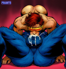 69_position all_fours anus arm_support balls blue_body blue_fur bodily_fluids brown_hair butt cum cum_drip cum_from_mouth cum_in_mouth cum_inside cum_on_balls cum_splatter deep_throat dripping duo eyewear eyewear_only forward_arm_support fur genital_fluids genitals hair logo lying male male/male muscular muscular_human muscular_humanoid muscular_male not_furry nude on_back oral oral_penetration penetration penis_in_mouth sex sweat visor phausto marvel x-men beast_(marvel) cyclops_(marvel) human humanoid mammal artist_logo hi_res