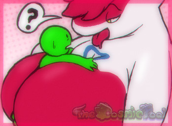 anthro between_breasts big_breasts bodily_fluids breasts duo eye_contact female green_body hair hand_on_breast huge_breasts hyper hyper_breasts looking_at_another narrowed_eyes open_mouth question_mark red_body red_hair size_difference sweat sweatdrop tongue tongue_out thecosmicfool nintendo pokemon generation_3_pokemon latias legendary_pokemon pokemon_(species) 2025 digital_drawing_(artwork) digital_media_(artwork) low_res signature