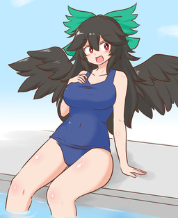 accessory black_hair black_wings blue_clothing blue_swimwear bow_ribbon clothing feathered_wings feathers female hair hair_accessory hair_bow hair_ribbon one-piece_swimsuit open_mouth open_smile partially_submerged red_eyes ribbons sitting smile solo swimwear water wings mizusoba touhou utsuho_reiuji animal_humanoid avian avian_humanoid humanoid winged_humanoid hi_res
