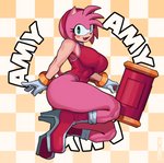 2021 absurd_res accessory amy_rose anthro big_butt black_nose boots bunybunyboi butt checkered checkered_background clothed clothing digital_media_(artwork) eulipotyphlan eyelashes fangs female footwear gloves green_eyes hair hair_accessory hairband handwear hedgehog hi_res high_heeled_boots high_heels looking_at_viewer mammal open_mouth pattern_background piko_piko_hammer pink_hair sega short_hair simple_background solo sonic_the_hedgehog_(series) teeth thick_thighs