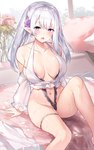 breasts cleavage clothed clothing detailed_background female hair humanoid_pointy_ears not_furry pointy_ears sitting solo white_hair sora72iro_kaba9 elf humanoid hi_res