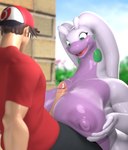 3d_(artwork) anthro areola big_breasts bodily_fluids breast_play breasts clothed clothing curvy_figure digital_media_(artwork) dragon duo erection female generation_6_pokemon genitals goodra gooey_goober_(reptilligator) green_eyes hair hi_res huge_breasts human human_on_anthro interspecies kasdaq male male/female mammal mythological_creature mythological_scalie mythology nintendo nipples non-mammal_nipples nude penis pokemon pokemon_(species) pokephilia purple_areola purple_nipples scalie sex simple_background slime smile titfuck