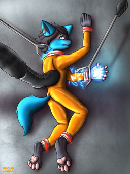 anthro arrested aura_sphere beaten escape failed_attempt latex male prison prisoner solo drakethefox nintendo pokemon generation_4_pokemon lucario pokemon_(species) 3:4 hi_res