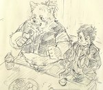 anthro belly blush clothing duo eating male necktie one_eye_closed overweight suit topknot wink zimasanda lifewonders live_a_hero male_operator protagonist_(live_a_hero) yohack canid canine canis domestic_dog human mammal hi_res sketch traditional_media_(artwork)