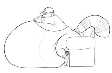 anthro belly big_belly chair clothing furniture hat headgear headwear huge_belly male overweight shirt simple_background sitting solo topwear white_background saphiros mammal procyonid raccoon 2015 monochrome