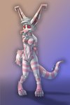 anthro breasts digitigrade featureless_breasts featureless_crotch female fur fur_markings long_ears markings multicolored_body pink_pattern red_eyes ring_(marking) ringed_ears ringed_tail shy solo striped_markings striped_tail stripes tail tail_markings white_body white_fur drqube canid canine crux mammal 2:3 full-length_portrait hi_res portrait sketch unfinished