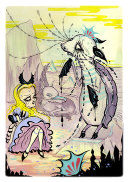ambiguous_gender anthro beak blonde_hair bodily_fluids clothed clothing cloven_hooves crying detailed_background dress eyelashes eyeshadow feathered_wings feathers female feral fur group hair headgear headwear hooves lips long_hair makeup sad snout tears trio water wings camille_rose_garcia alice_in_wonderland mythology alice_(alice_in_wonderland) avian gryphon human mammal mock_turtle mythological_avian mythological_creature hi_res