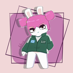 3_fingers anthro bangs bent_arm blue_lipstick bottomless bottomless_anthro bottomless_female clothed clothing eyelashes eyeshadow featureless_crotch featureless_legs female female_anthro fingers flat_chested fur green_clothing green_jacket green_topwear grey_clothing grey_shirt grey_topwear hair hand_on_hip hand_on_own_hip jacket light lipstick long_ears looking_at_viewer makeup mouth_closed multicolored_body noseless number pigtails pink_background pink_hair purple_eyeshadow red_eyes rock shirt simple_background solo square square_irises standing tan_body tan_skin text topwear two_tone_body white_body white_fur yellow_hair_tie peypey_mei1925 mario_plus_rabbids_sparks_of_hope nintendo raving_rabbids rayman_(series) squid_game ubisoft bedrock_(mario_plus_rabbids) elemental_creature hybrid lagomorph mammal mineral_fauna rabbid rock_creature 1:1 2025 cel_shading character_name colored crossover digital_drawing_(artwork) digital_media_(artwork) hi_res lighting shaded