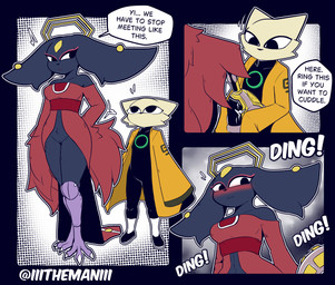 anthro avian_feet bell big_ears biped black_nose blue_body blue_fur blush breasts clothed clothing dialogue duo exclamation_point female fluffy footwear fur genitals holding_object looking_back male ringing_bell shoes simple_background speech_bubble standing tan_body tan_fur topwear vulva white_body white_fur the_man nine_sols red_candle_games goumang_(nine_sols) yi_(nine_sols) felid feline mammal solarian absurd_res hi_res