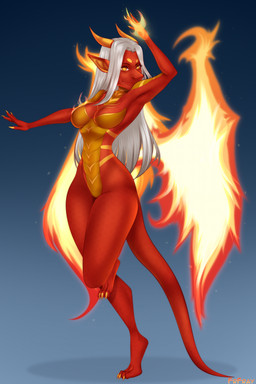amber_eyes anthro elemental_manipulation female fire fire_manipulation flaming_wings horn magic magic_user red_body red_scales scales small_waist solo tail technically_nude unusual_anatomy unusual_wings wings frfray mythology ignia_(alphaleader) elemental_creature mythological_creature mythological_salamander mythological_scalie scalie hi_res