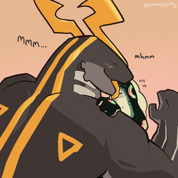ambiguous_gender black_body blush countershading duo face_lick gills hand_on_shoulder head_in_mouth horn kissing licking male markings multicolored_body no_eye onomatopoeia size_difference sound_effects text tongue two_tone_body white_underside yellow_horn yellow_tongue luvamisguilty mythology clover_(luvamisguilty) roadwyrk_(luvamisguilty) animal_humanoid aquatic dragon dragon_humanoid fish humanoid mythological_creature mythological_scalie scalie hi_res
