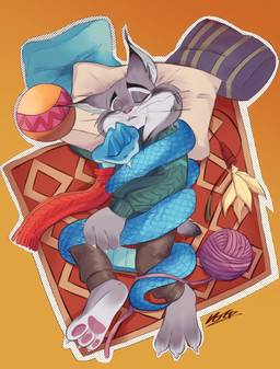 anthro blue_body blue_scales clothing coiling cuddling duo feral fur grey_body grey_fur male male/male pillow scales scarf sleeping sweater topwear ljhsqgsuuj37806 disney zootopia gary_de'snake pawbert_lynxley canada_lynx felid feline lynx mammal pit_viper reptile scalie snake viper hi_res