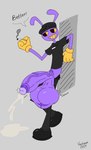 anthro balls big_balls big_penis bodily_fluids cigarette clothed clothing excessive_genital_fluids excessive_precum genital_fluids genitals huge_balls huge_penis hyper hyper_balls hyper_genitalia hyper_penis male partially_clothed penis precum pubes purple_body simple_background solo sound_effects text vein veiny_penis vanillawoff glitch_productions the_amazing_digital_circus jax_(tadc) lagomorph leporid mammal rabbit english_text hi_res