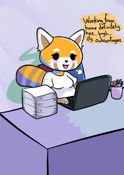 anthro blush business chair clothed clothing computer dialogue electronics female furniture laptop on_chair sigh sitting sitting_on_chair solo stink_fumes working artificial_flavors aggretsuko sanrio retsuko ailurid mammal red_panda 2020 digital_drawing_(artwork) digital_media_(artwork) hi_res