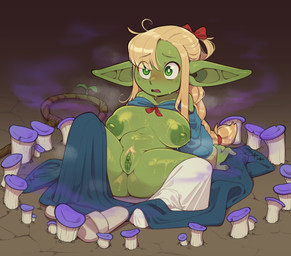 areola big_areola big_breasts big_nipples blonde_hair blush blush_lines bodily_fluids breasts butt cartoon_freckles clitoris clothed clothing feet female freckled_chest freckled_face freckles fungus genitals green_body green_eyes green_skin hair huge_areola huge_breasts huge_nipples huge_thighs humanoid_pointy_ears mushroom nipples not_furry open_mouth pointy_ears pubes solo species_transformation sweat thick_thighs transformation vulva huffslove delicious_in_dungeon marcille_donato goblin humanoid 2026 absurd_res hi_res