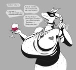 2021 absurd_res alcohol anthro beverage big_breasts bra breast_tattoo breasts clothed clothing clothing_pull container cup dialogue digital_drawing_(artwork) digital_media_(artwork) dragon dress drinking_glass english_text female glass glass_container glass_cup heart_symbol hi_res holding_object horn horn_jewelry horn_ring huge_breasts hyper hyper_breasts jewelry keinga line_art looking_at_viewer looking_away mask masquerade_mask mythological_creature mythological_scalie mythology neck_ring necklace restricted_palette ring_(jewelry) scalie shaded signature simple_background simple_shading solo tattoo text underwear wine wine_glass