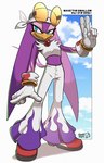 5_fingers anthro beak biped blue_eyes clothed clothing eyelashes eyewear feathers female fingers gesture gloves half-closed_eyes hand_gesture handwear headgear headkerchief headwear kerchief looking_at_viewer narrowed_eyes purple_body purple_feathers smile solo sunglasses text v_sign yellow_beak gemlik_rogue sega sonic_riders sonic_the_hedgehog_(series) wave_the_swallow avian bird hirundinid oscine passerine swallow_(bird) 2024 full-length_portrait hi_res portrait signature