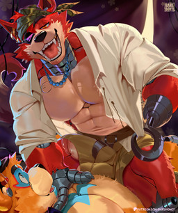 anthro balls big_bulge bulge clothing duo ear_piercing ear_ring eye_contact eye_patch eyewear fangs fur genitals glans gold_(metal) gold_tooth hat headgear headwear hook hook_hand humanoid_genitalia humanoid_penis interspecies looking_at_another machine male male/male muscular muscular_male penis penis_only piercing pirate_outfit red_body red_fur ring_piercing tail teeth top_hat bakemonoy five_nights_at_freddy's five_nights_at_freddy's:_security_breach scottgames steel_wool_studios foxy_(fnaf) glamrock_freddy animatronic bear canid canine fox mammal robot absurd_res hi_res