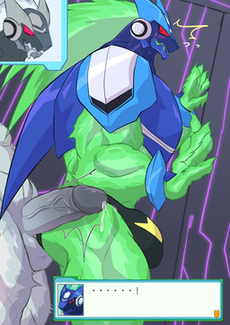 abs anthro armor balls barazoku biceps big_bulge big_muscles bodily_fluids bulge clothing cybernetics detailed_bulge duo genital_fluids genitals green_body grey_body humanoid_genitalia humanoid_penis machine male muscular muscular_anthro muscular_male nude open_mouth penis precum red_eyes standing text underwear geryorias capcom mega_man_(series) mega_man_star_force omega-xis alien cyborg em_being absurd_res hi_res