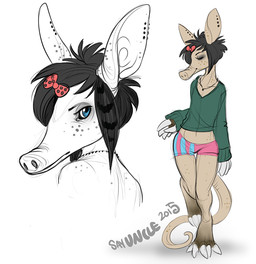 5_fingers accessory anthro black_hair blue_eyes bottomwear bow_ribbon claws clothing ear_piercing eyes_closed female fingers freckles hair hair_accessory hair_bow hair_ribbon jewelry necklace piercing ribbons simple_background smile solo standing tail topwear white_background sayuncle millie_(sayuncle) aardvark mammal 2015 multiple_images signature gynomorph_(lore)