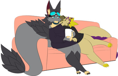 anthro container cuddling cup duo female female/female fur furniture kurodarkness mug sofa mythology kos_(squiddy) sia_(zeemid) dragon furred_dragon furred_scalie mythological_creature mythological_scalie scalie absurd_res hi_res
