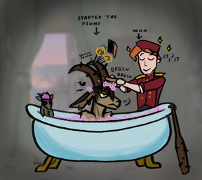 alternative_fashion angry anthro baseball_bat bat_(object) bath clothing duo ear_piercing forced forced_bathing fur hair horizontal_pupils horn humor male piercing plushie punk pupils shampoo simple_background uniform spesssmutcentral billy_(deadlock) doorman_(deadlock) bovid caprine goat human humanoid mammal hi_res