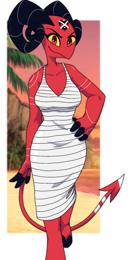 anthro barefoot beach digitigrade feet female hooves horn red_body simple_background smile solo tail zimakum hellaverse helluva_boss barbie_wire humanoid imp absurd_res hi_res