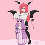 big_breasts blush boob_hat breast_size_difference breasts cleavage clothed clothing duo female footwear hair high_heels huge_breasts larger_female legwear necktie pajamas purple_eyes purple_hair red_eyes red_hair shoes simple_background size_difference smaller_female smile spade_tail standing tail text thigh_highs wings zedrin touhou koakuma patchouli_knowledge demon demon_humanoid human humanoid mammal winged_humanoid 1:1 animated no_sound short_playtime signature webm