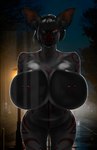 against_surface big_breasts black_body black_skin breasts female furgonomics furry-specific_piercing glass muscular nipple_piercing nipples on_glass piercing public public_nudity red_eyes solo tattoo alester_nibras yetzer_hara bat demon jinn mammal absurd_res hi_res