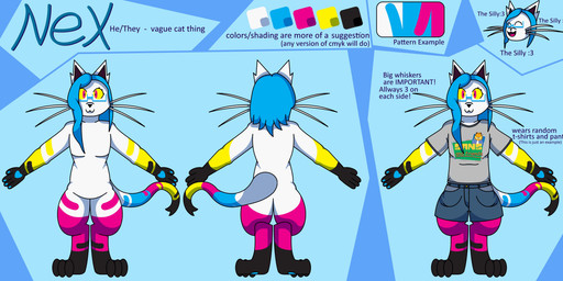 anthro big_whiskers black_body black_ears black_fur black_inner_ear black_tail blue_body blue_clothing blue_eyewear blue_fur blue_glasses blue_hair blue_pawpads blue_tail clothing eyelashes eyewear fur fur_markings glasses grey_clothing hair huge_whiskers long_whiskers male markings pawpads pink_body pink_fur pink_tail red_eyes solo stated_pronouns tail text whiskers white_body white_ears white_fur white_tail yellow_body yellow_fur yellow_sclera yellow_tail trooper3 sylvie_(trooper3) domestic_cat felid feline felis mammal 2024 absurd_res character_name english_text hi_res model_sheet