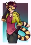 anthro biped bottomwear brown_hair clothed clothing collar denim denim_bottomwear denim_clothing femboy hair hand_behind_head highlights_(coloring) hoodie jeans jewelry looking_at_viewer male necklace pants shirt simple_background smile solo spots stripes sweater topwear yellow_eyes lockworkorange kit_(flitchee) cheetah felid feline mammal 2018 digital_media_(artwork)