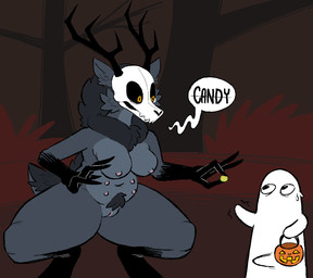 anthro antlers black_body black_fur black_sclera bodily_fluids bone breasts candy clothing crotch_tuft crouching dessert duo erection female food fur genitals gloves gloves_(marking) grey_body grey_fur handwear horn humor inner_ear_fluff larger_anthro larger_female leg_markings male markings multi_nipple multicolored_body multicolored_fur neck_tuft nipples outside pubes scut_tail short_tail size_difference skull skull_head smaller_male socks_(marking) sweat tail thick_thighs tuft two_tone_body two_tone_fur vulva wide_eyed zzx american_mythology indigenous_north_american_mythology mythology north_american_mythology ghost spirit wendigo 2021 hi_res