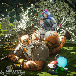 2_tails 5_fingers all_fours anthro big_butt black_claws black_clothing black_gloves black_handwear black_nose black_stripes black_topwear bodily_fluids boots brown_boots brown_clothing brown_footwear butt claws clothing cum cum_on_clothing duo erection fangs fingerless_gloves fingers footwear fur genital_fluids genitals gloves hand_on_butt handwear hoodie hot_dogging humanoid_genitalia humanoid_penis jockstrap male male/male markings mechanical_arm multi_tail muscular muscular_anthro muscular_arms muscular_male notched_ear orange_body orange_fur penis question_mark sex shoes size_difference striped_body striped_fur striped_markings striped_tail stripes tail tail_markings teeth text three-quarter_view topwear underwear whiskers white_body white_fur yellow_eyes jaiblizz dollymolly323_(modeler) epic_games fortnite nyanja_(fortnite) oscar_(fortnite) domestic_cat felid feline felis mammal pantherine tiger 1:1 2026 3d_(artwork) digital_media_(artwork) english_description english_text hi_res