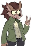 5_fingers anthro belt black_nose bottomwear brown_hair cheek_tuft clothed clothed_anthro clothed_male clothing countershading devil_horns_(gesture) facial_tuft fangs fingers fur gesture green_clothing green_jacket green_topwear grey_bottomwear grey_clothing grey_pants hair hand_gesture inner_ear_fluff jacket male male_anthro narrowed_eyes open_mouth open_smile pants popped_collar raised_hand sharp_teeth shirt simple_background smile solo standing tan_body tan_ears tan_face tan_fur tan_inner_ear_fluff teeth topwear tuft two_tone_face vest white_background yellow_clothing yellow_sclera yellow_shirt yellow_topwear qwerty_soda main_oc_(frankwest725) canid mammal 2020 absurd_res digital_drawing_(artwork) digital_media_(artwork) hi_res